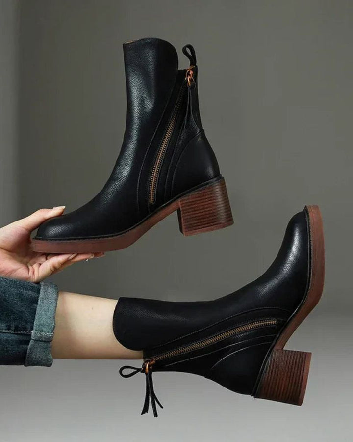 Valorine™ | Schwarze Lederstiefel mit bequemem Absatz, elegant und zeitlos