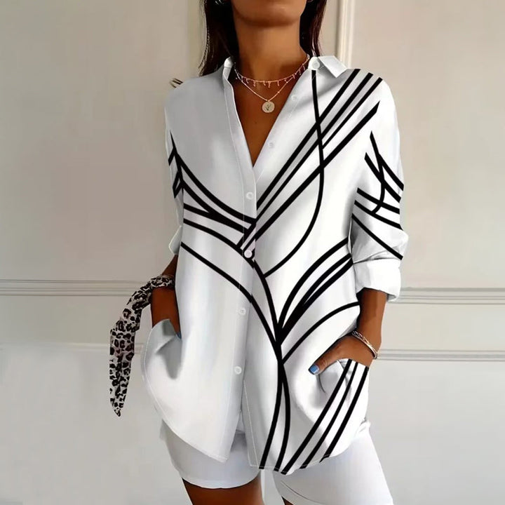 Ingrid I Damen Geometrische Bluse mit Knopfleiste und langen Ärmeln für den Alltag