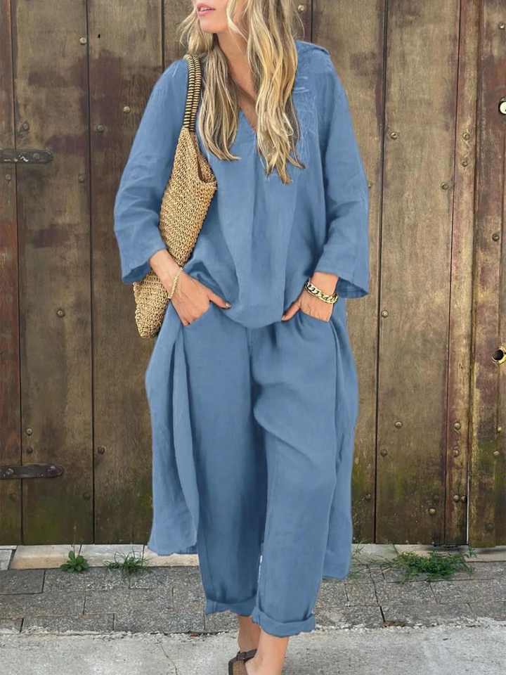 Anna I Lila V-Ausschnitt Top und Weite Hosen Set