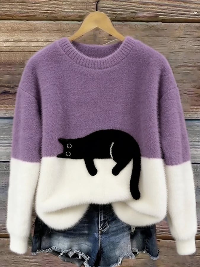Ingrid — Oversized Pullover mit Katzenmotiv