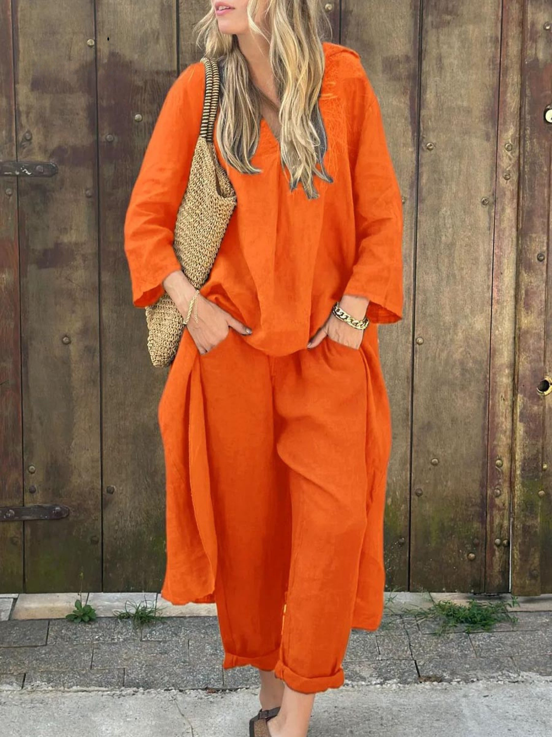 Anna I Lila V-Ausschnitt Top und Weite Hosen Set