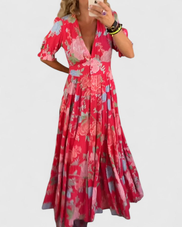 Minelda | Elegantes Blumen-V-Ausschnitt-Kleid