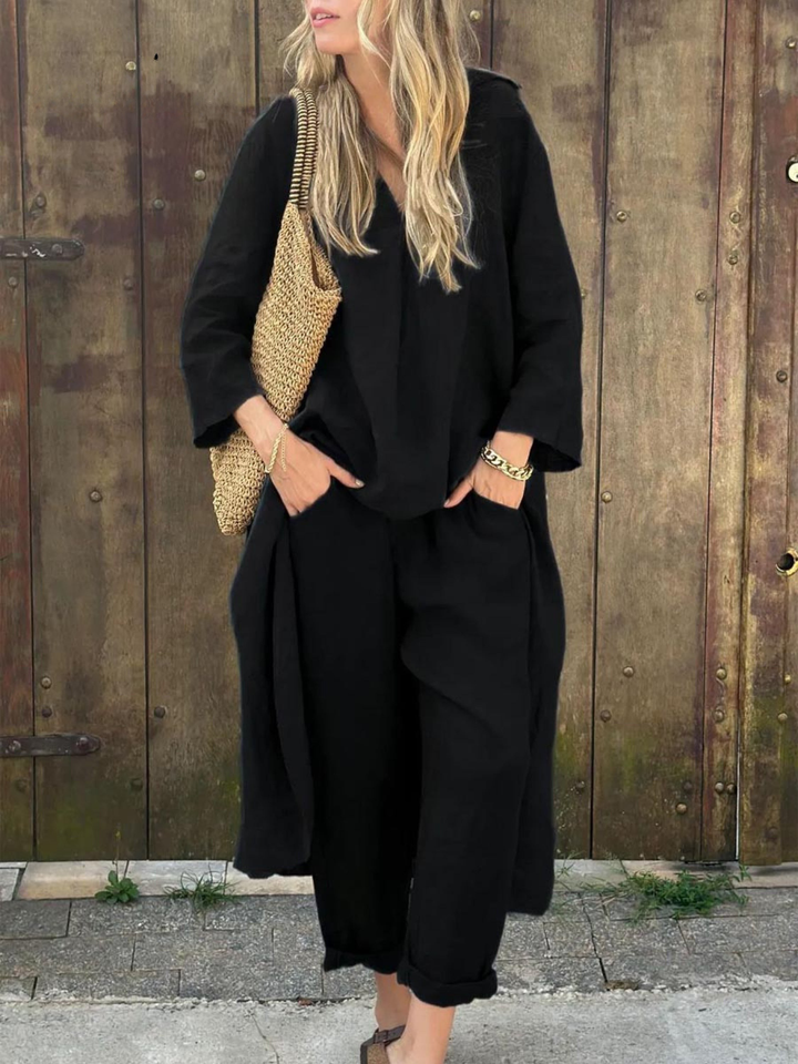 Anna I Lila V-Ausschnitt Top und Weite Hosen Set
