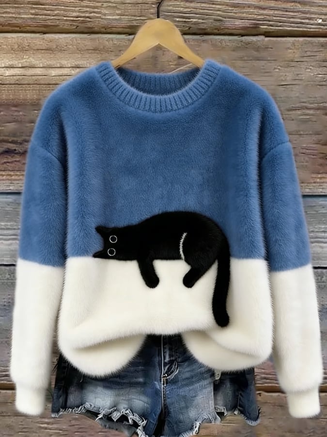 Ingrid — Oversized Pullover mit Katzenmotiv