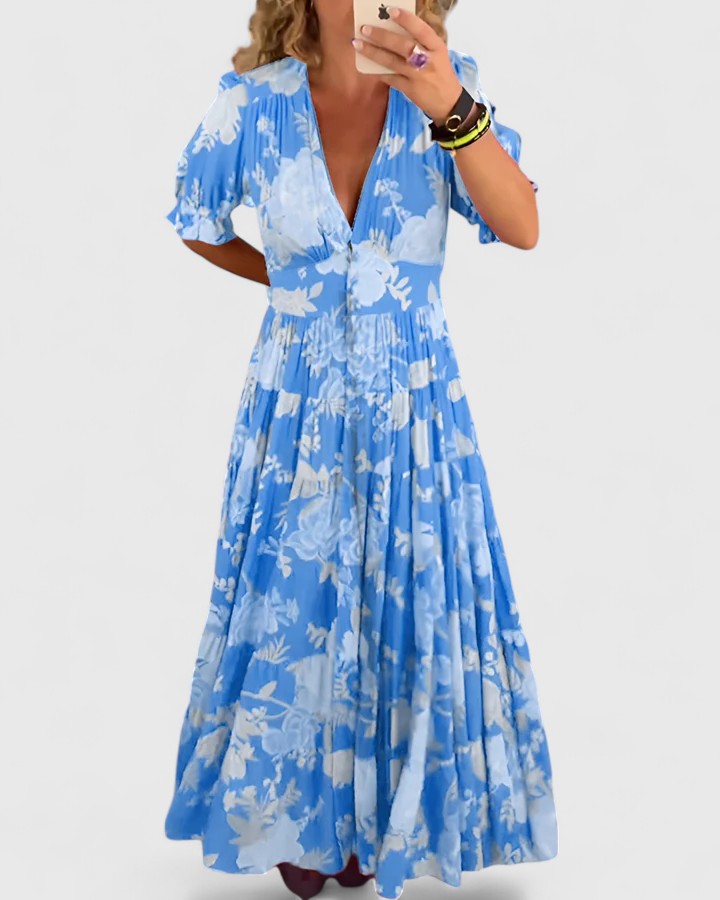 Minelda | Elegantes Blumen-V-Ausschnitt-Kleid