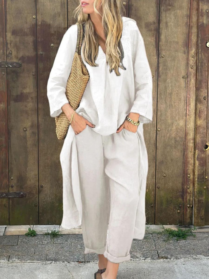 Anna I Lila V-Ausschnitt Top und Weite Hosen Set