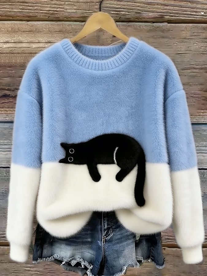 Ingrid — Oversized Pullover mit Katzenmotiv