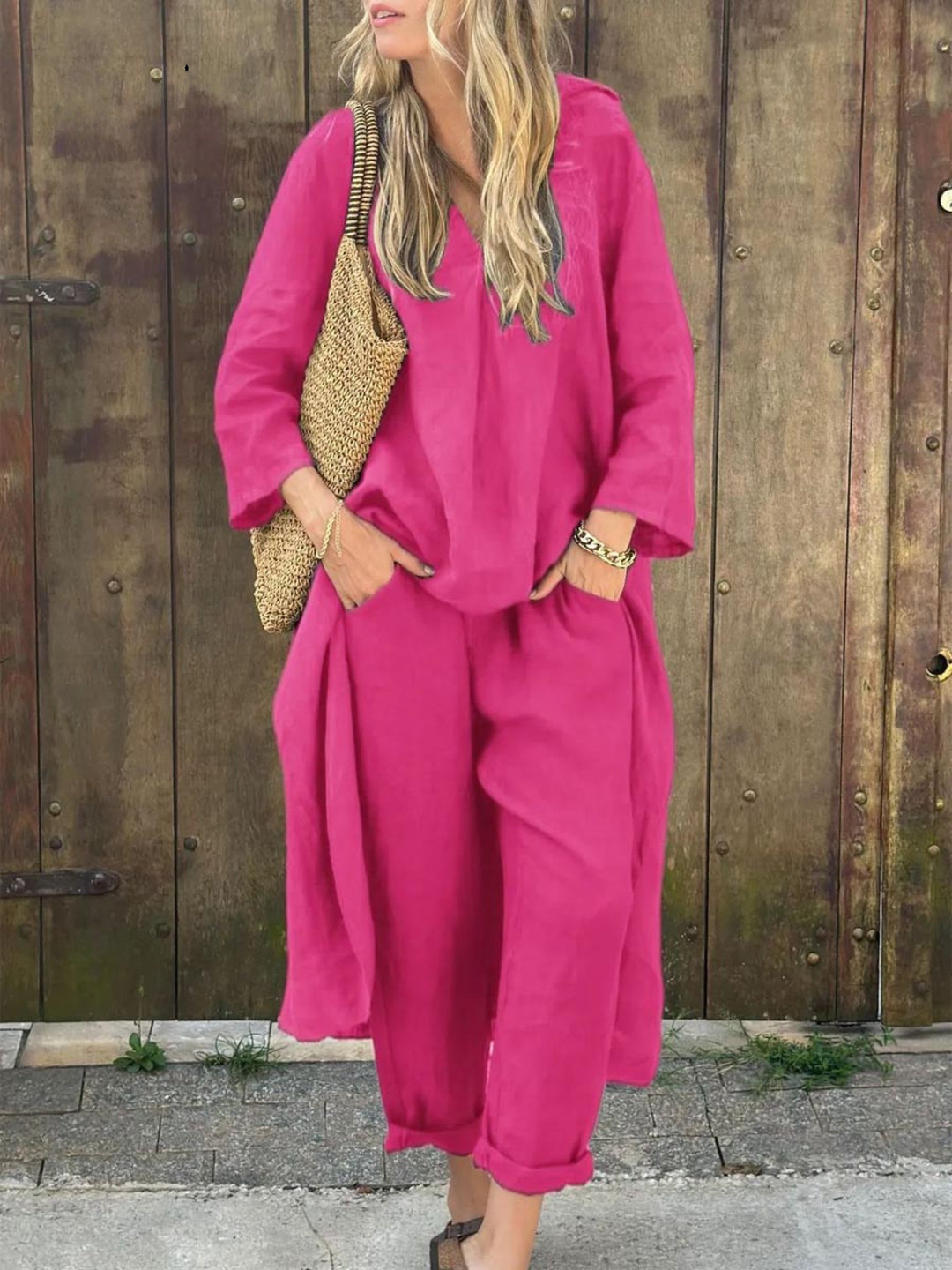 Anna I Lila V-Ausschnitt Top und Weite Hosen Set
