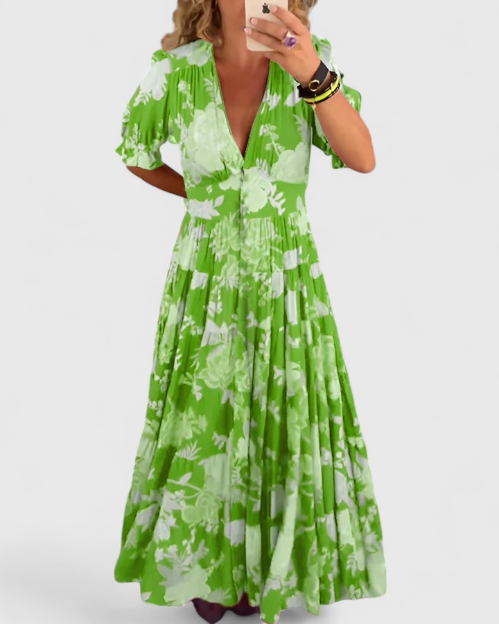Minelda | Elegantes Blumen-V-Ausschnitt-Kleid