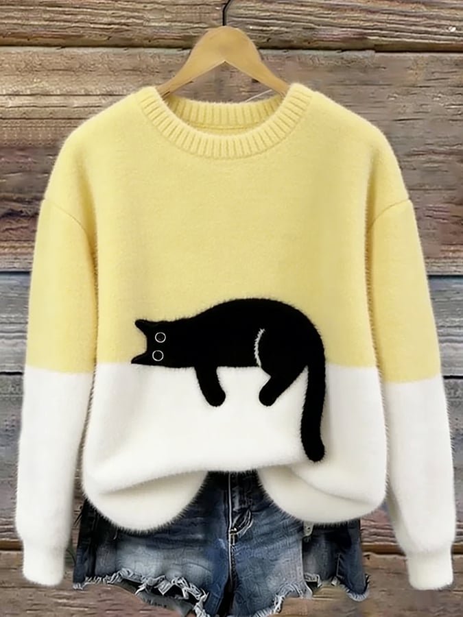 Ingrid — Oversized Pullover mit Katzenmotiv