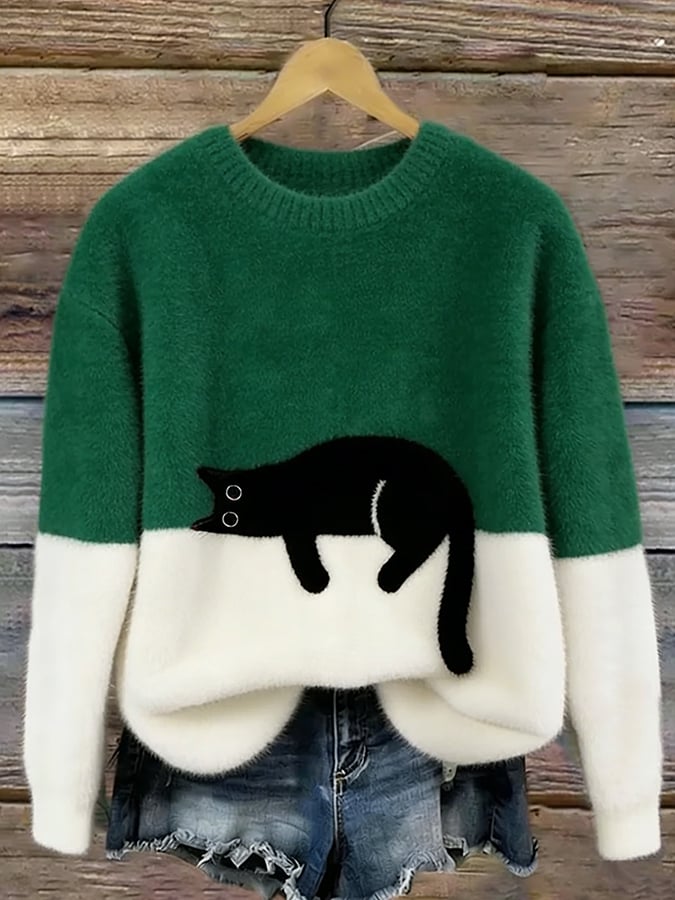 Ingrid — Oversized Pullover mit Katzenmotiv