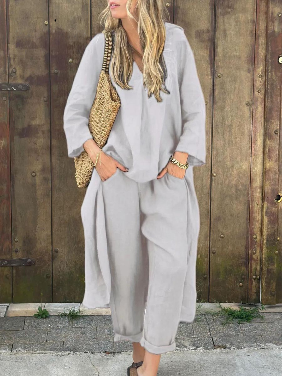 Anna I Lila V-Ausschnitt Top und Weite Hosen Set