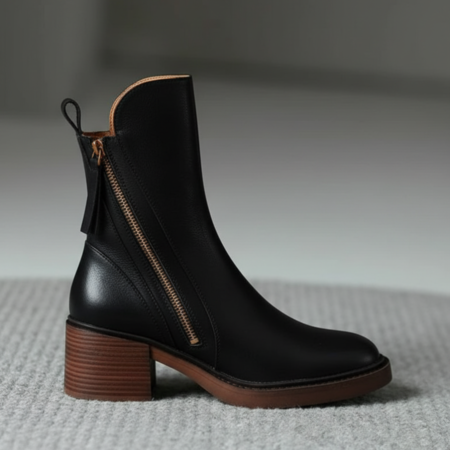 Valorine™ | Schwarze Lederstiefel mit bequemem Absatz, elegant und zeitlos