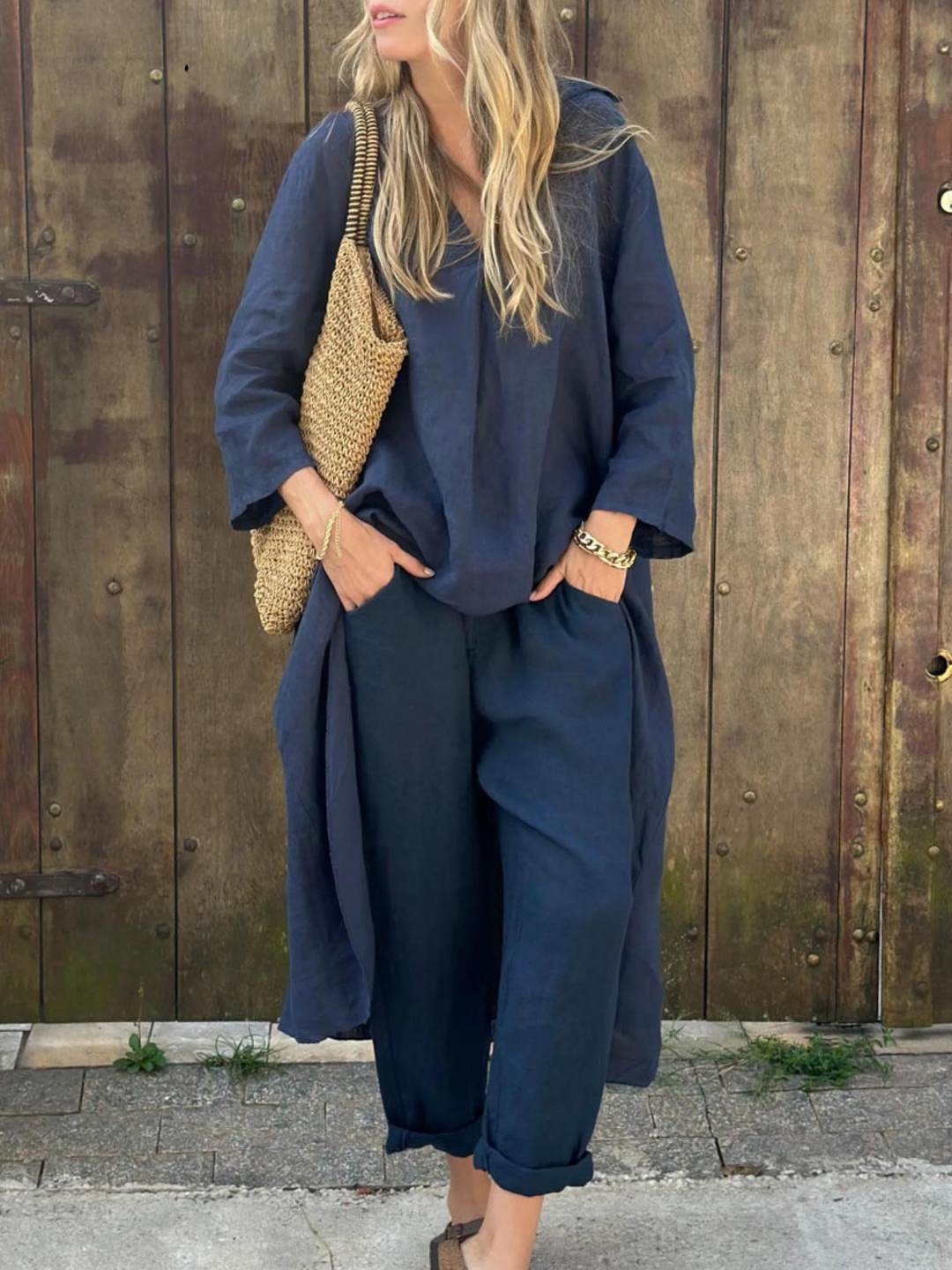 Anna I Lila V-Ausschnitt Top und Weite Hosen Set