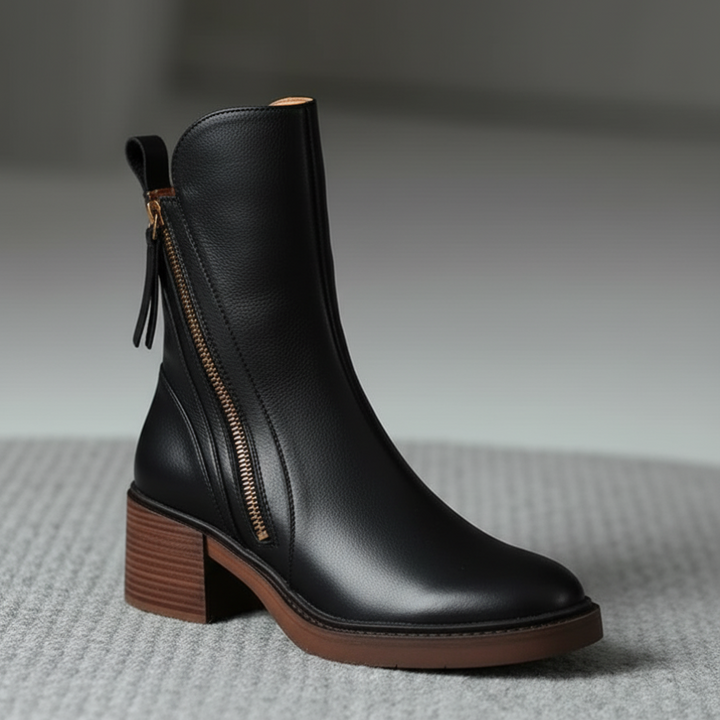 Valorine™ | Schwarze Lederstiefel mit bequemem Absatz, elegant und zeitlos