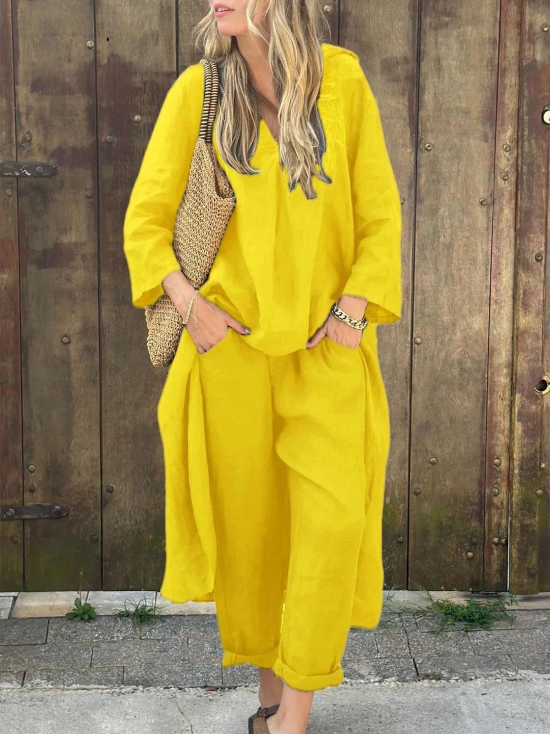 Anna I Lila V-Ausschnitt Top und Weite Hosen Set
