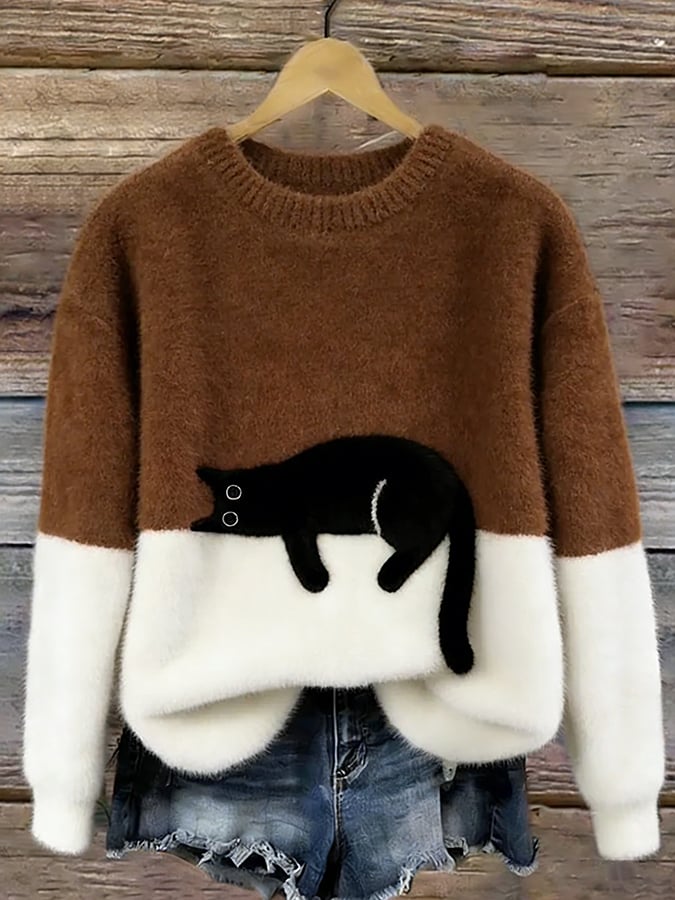 Ingrid — Oversized Pullover mit Katzenmotiv