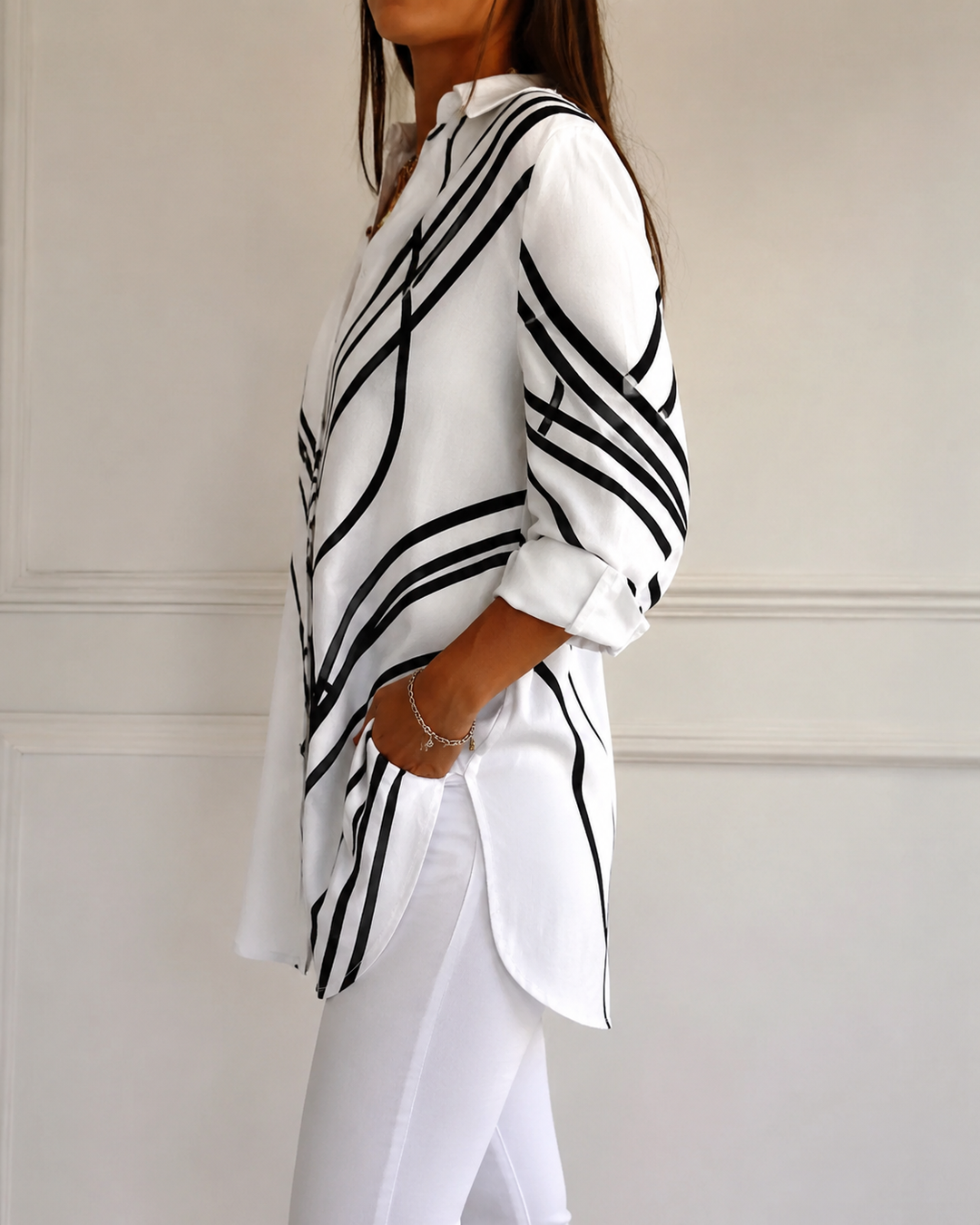 Ingrid I Damen Geometrische Bluse mit Knopfleiste und langen Ärmeln für den Alltag