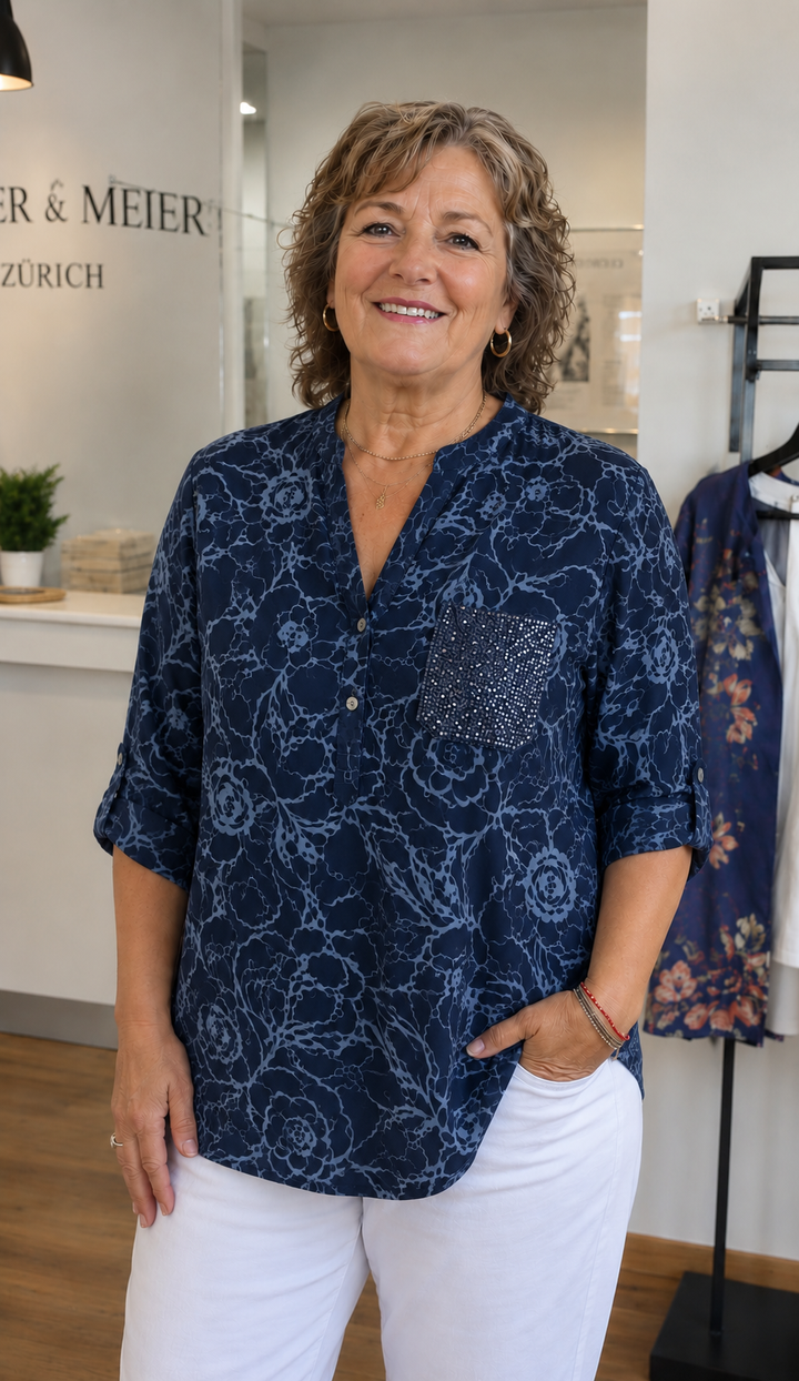 Hannah | Blumenmuster Pailletten Taschen Henley Bluse