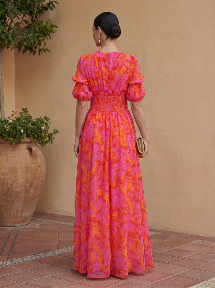 Oliva | Maxikleid mit Blumenmuster, Ballonärmeln und V-Ausschnitt