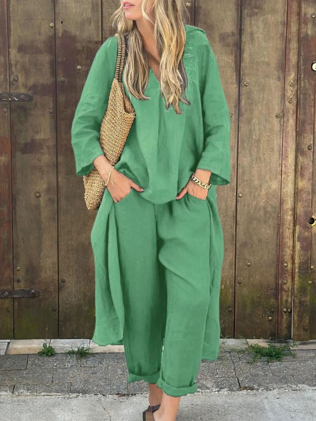 Anna I Lila V-Ausschnitt Top und Weite Hosen Set