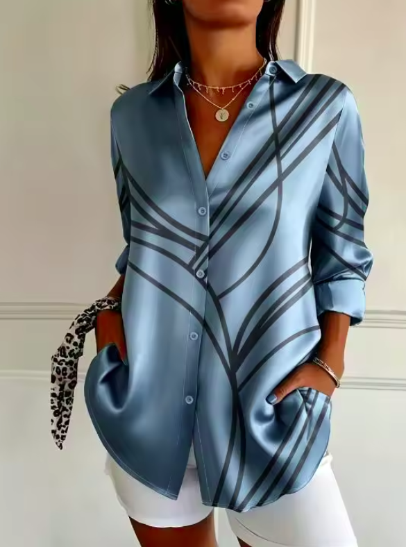 Ingrid I Damen Geometrische Bluse mit Knopfleiste und langen Ärmeln für den Alltag