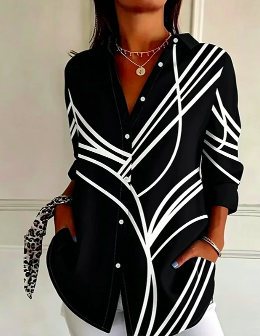 Ingrid I Damen Geometrische Bluse mit Knopfleiste und langen Ärmeln für den Alltag