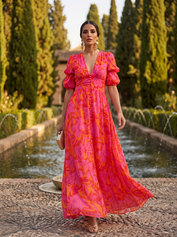 Oliva | Maxikleid mit Blumenmuster, Ballonärmeln und V-Ausschnitt
