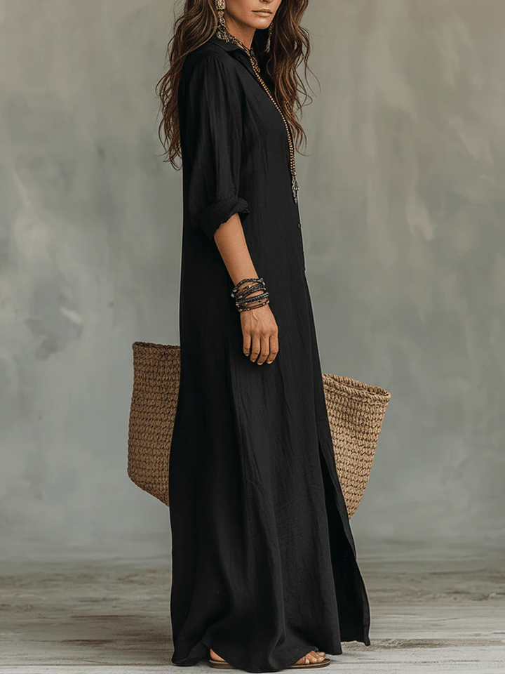 Alessia | Weites schwarzes Maxikleid mit Knöpfen