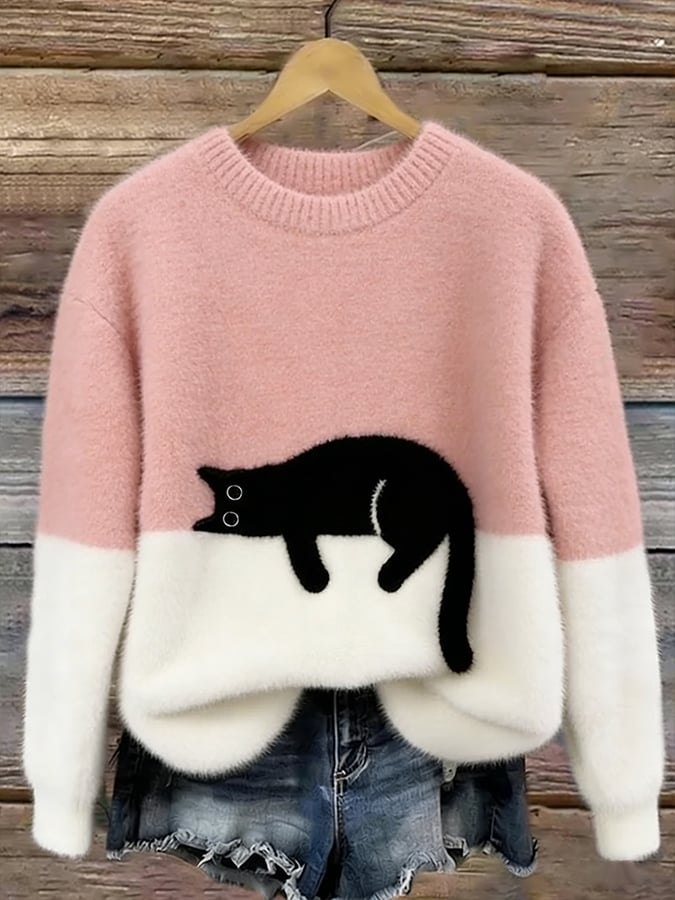 Ingrid — Oversized Pullover mit Katzenmotiv