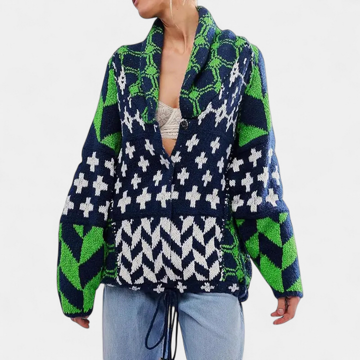 GEORGINA | Übergroßer Print Strickmantel mit Knopfleiste
