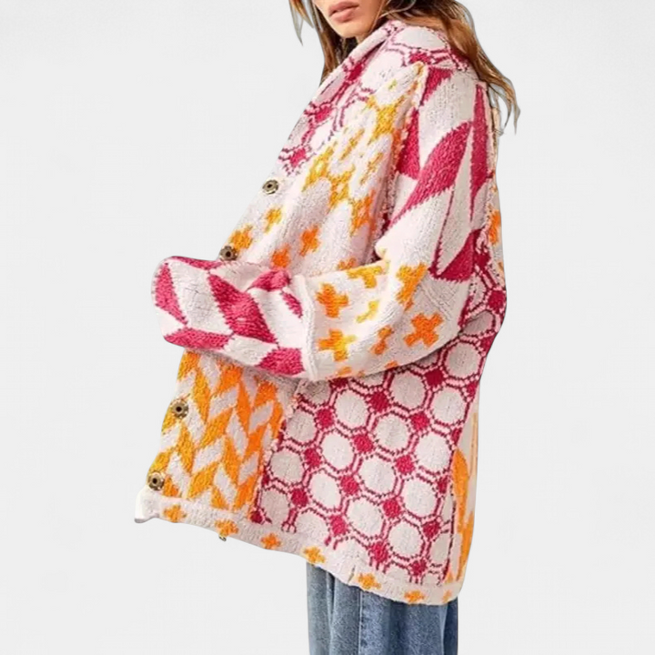 GEORGINA | Übergroßer Print Strickmantel mit Knopfleiste